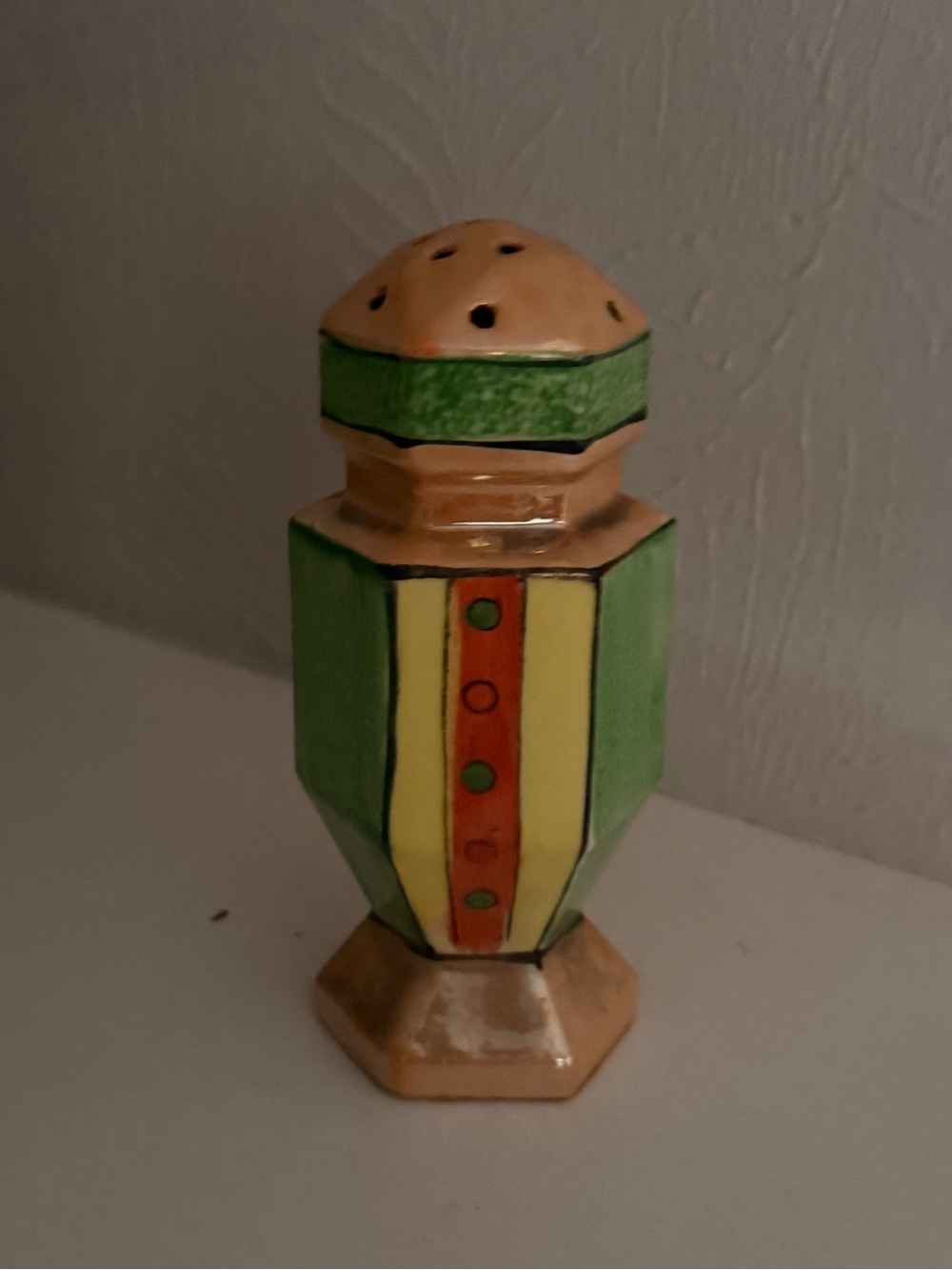 Green Ceramic Tabletop Shaker with Colorful Stripe Accent